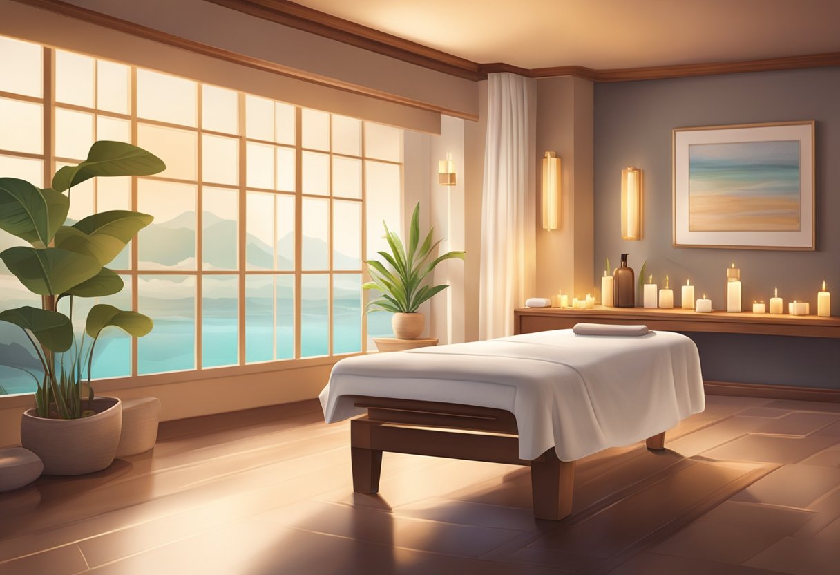 A serene and luxurious spa room with soft ambient lighting, plush towels, and a serene ambiance. Aromatherapy scents fill the air, and a comfortable massage table is adorned with fresh linens and soothing music plays in the background