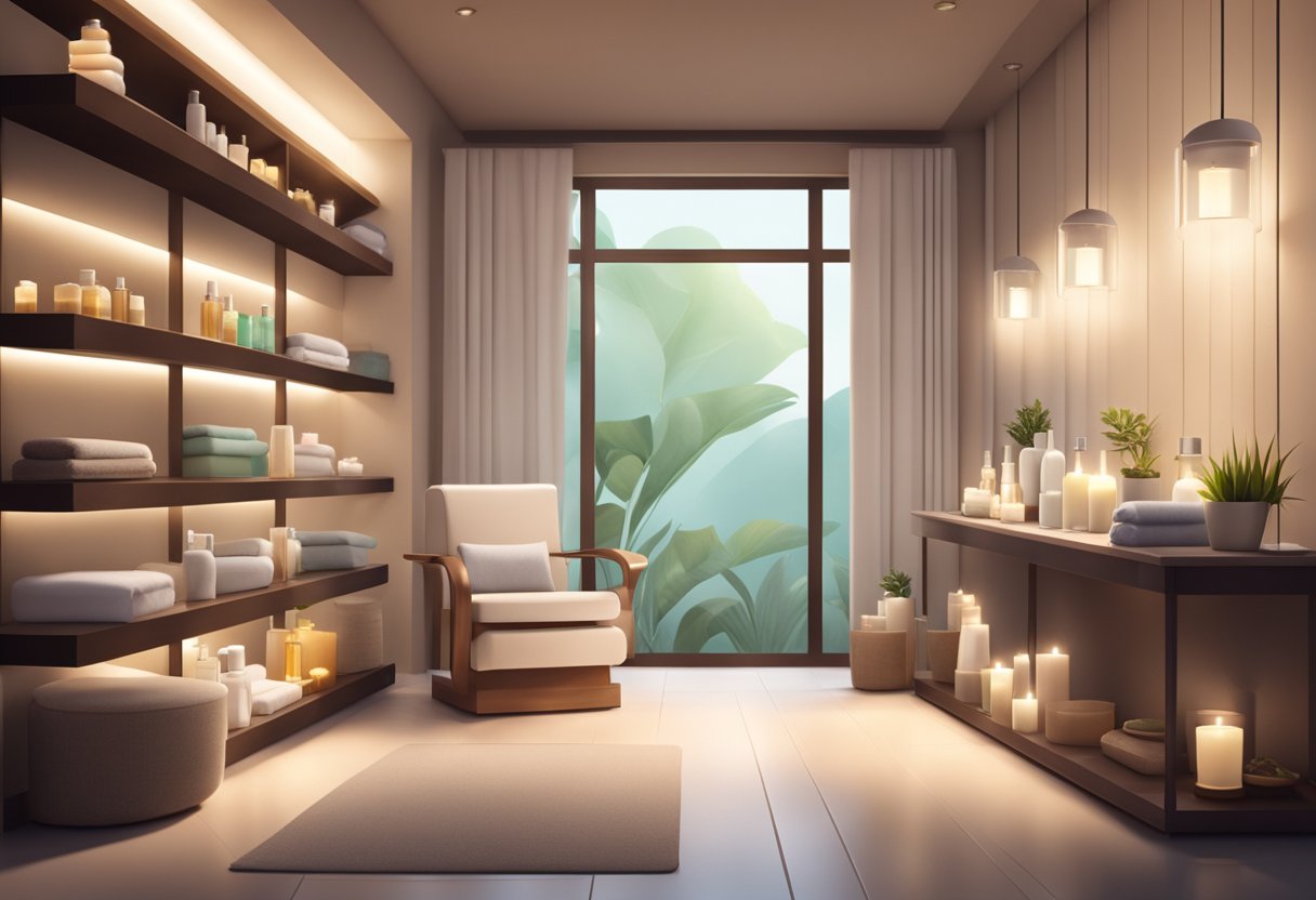 A serene, modern spa room with soft lighting, a comfortable treatment chair, and shelves of skincare products. A soothing atmosphere with a focus on relaxation and rejuvenation