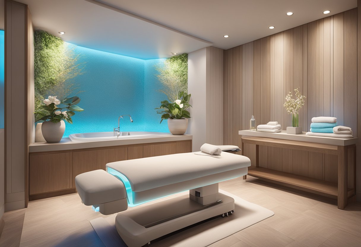 A serene spa room with a Hydrafacial machine, soft lighting, and calming decor at Orissa SPA in San Diego