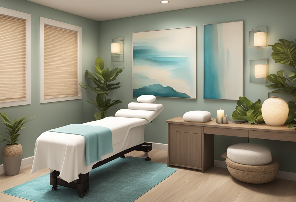 A serene spa room with a comfortable treatment bed, soft lighting, and soothing decor. A sign on the wall reads "Orissa SPA - Best Hydrafacial in San Diego."