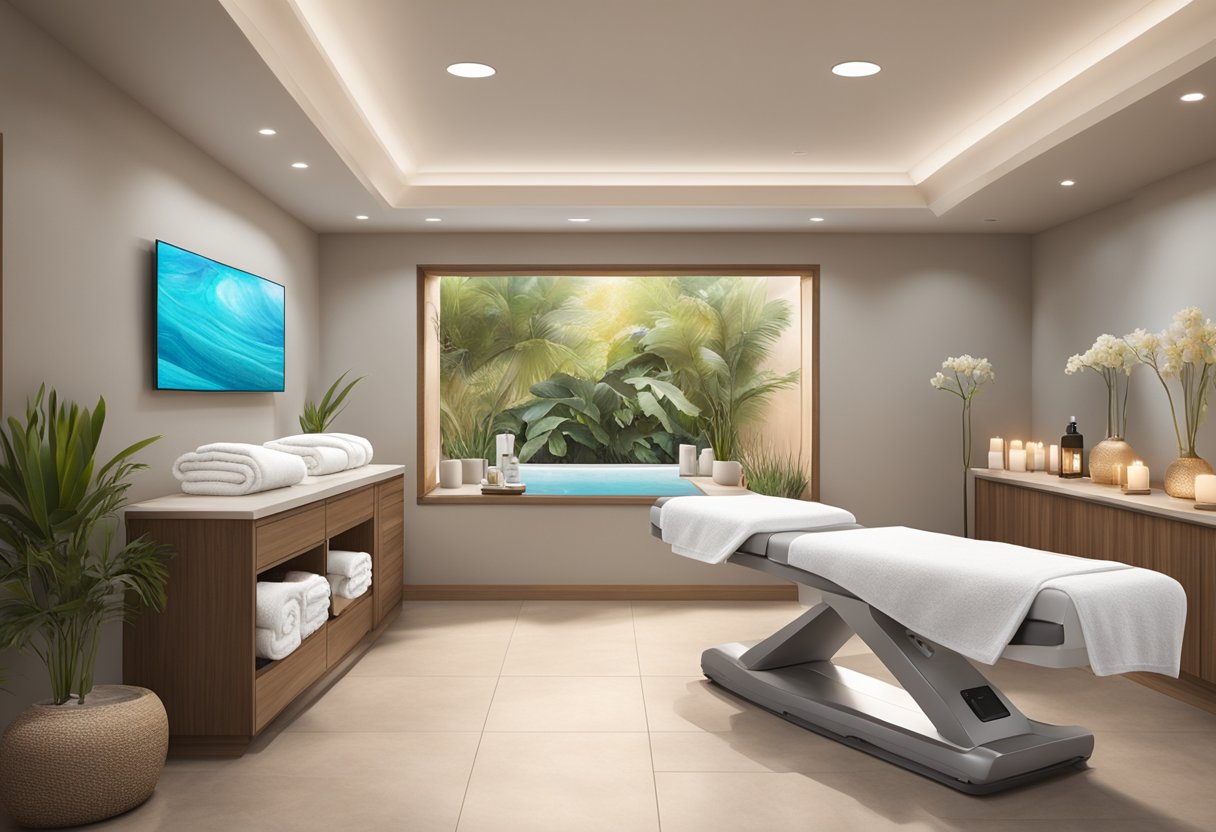 A serene spa room with a Hydrafacial machine, plush towels, and calming decor at Orissa SPA in San Diego