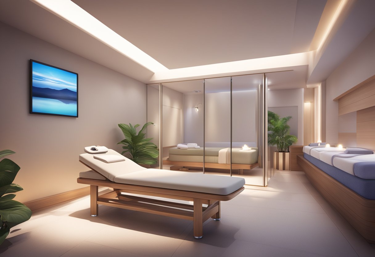 A serene spa room with a comfortable treatment bed, soft lighting, and a refreshing oxygen infusion machine