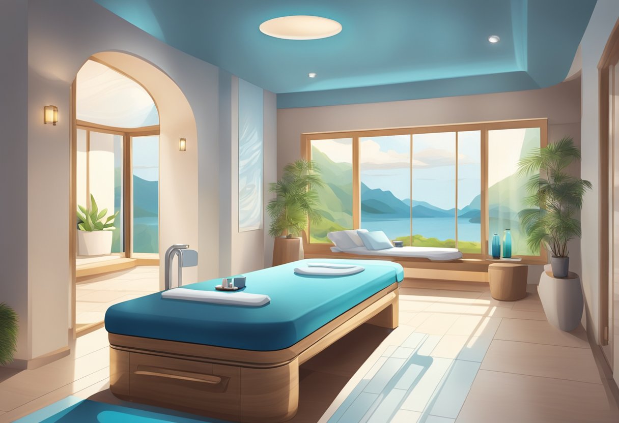 A serene spa room with a comfortable facial bed, a machine emitting a gentle hissing sound, and a soothing blue light creating a relaxing ambiance