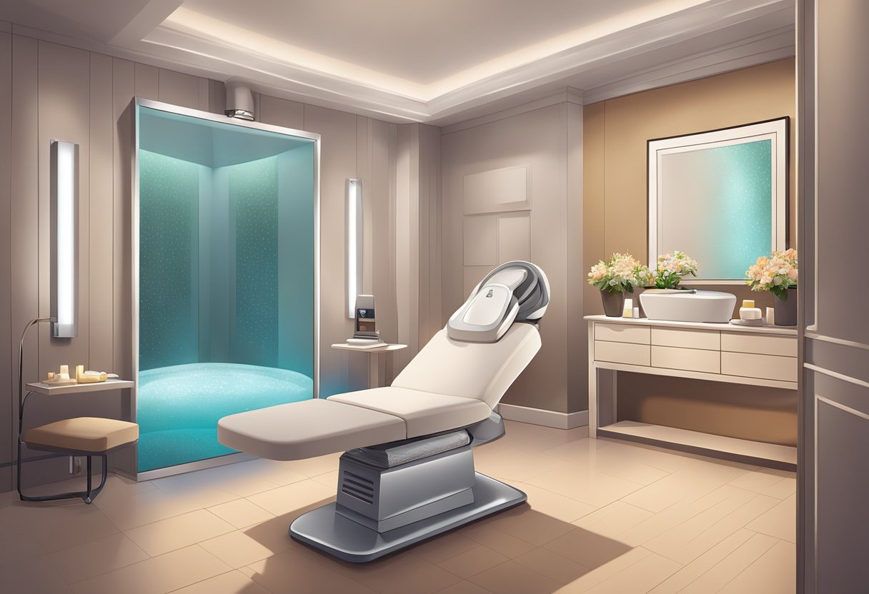 A serene spa room with a comfortable facial chair, soft ambient lighting, and a professional oxygen facial machine