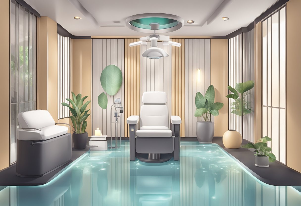 A serene spa room with a comfortable treatment chair, soft lighting, and a display of oxygen facial equipment and products