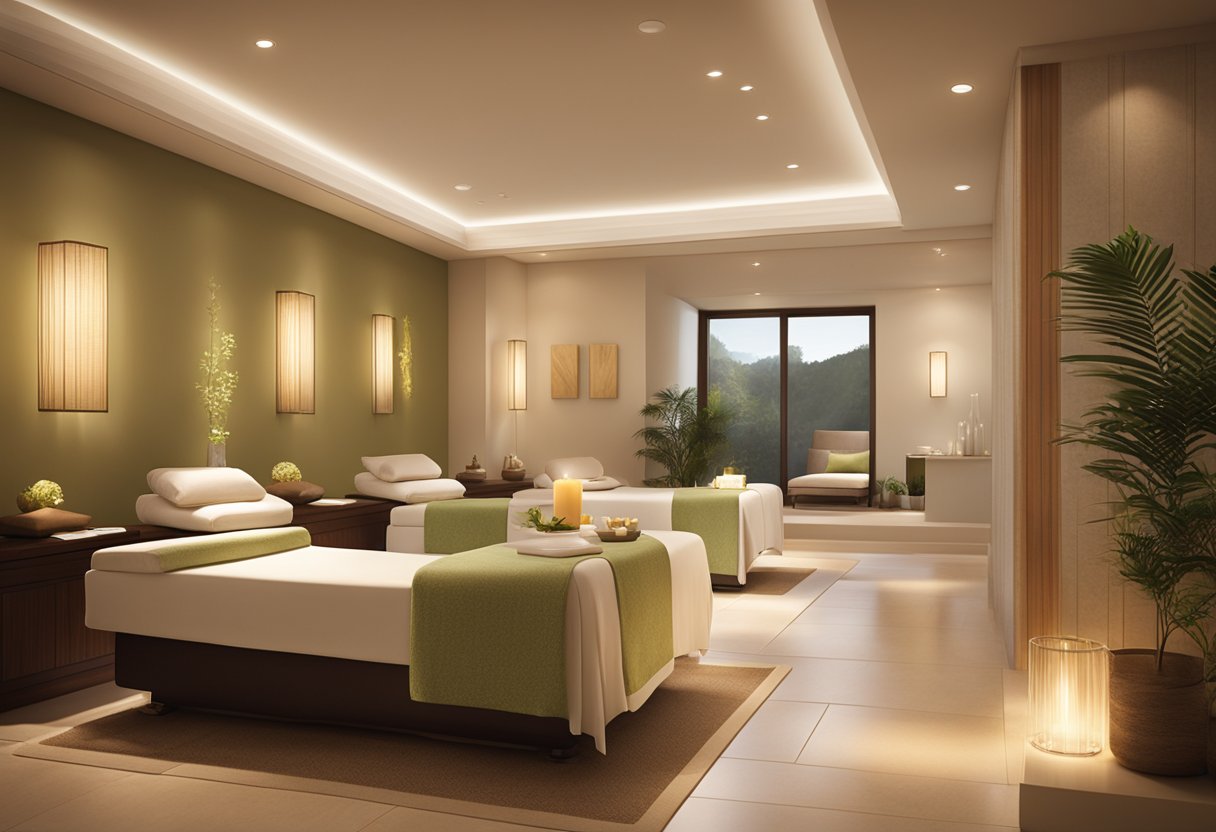 A serene spa room with a comfortable treatment bed, soft lighting, and the Orissa SPA logo displayed prominently