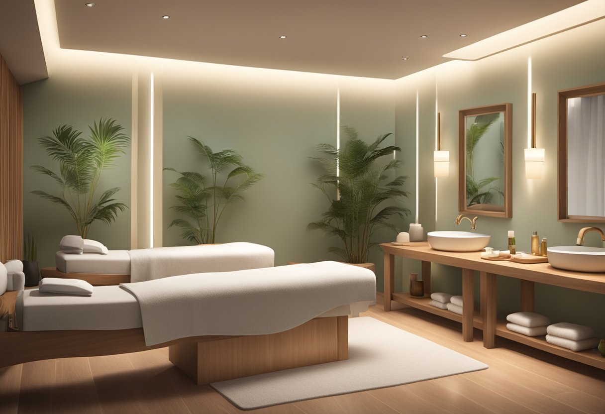 A serene spa room with soothing lighting and calming decor, featuring a luxurious facial treatment for acne at Orissa Spa near Chula Vista