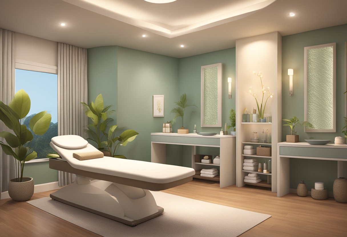 A serene spa room with soothing lighting and calming decor. A facial treatment station with specialized acne products and equipment. A relaxing atmosphere for clients seeking relief from acne