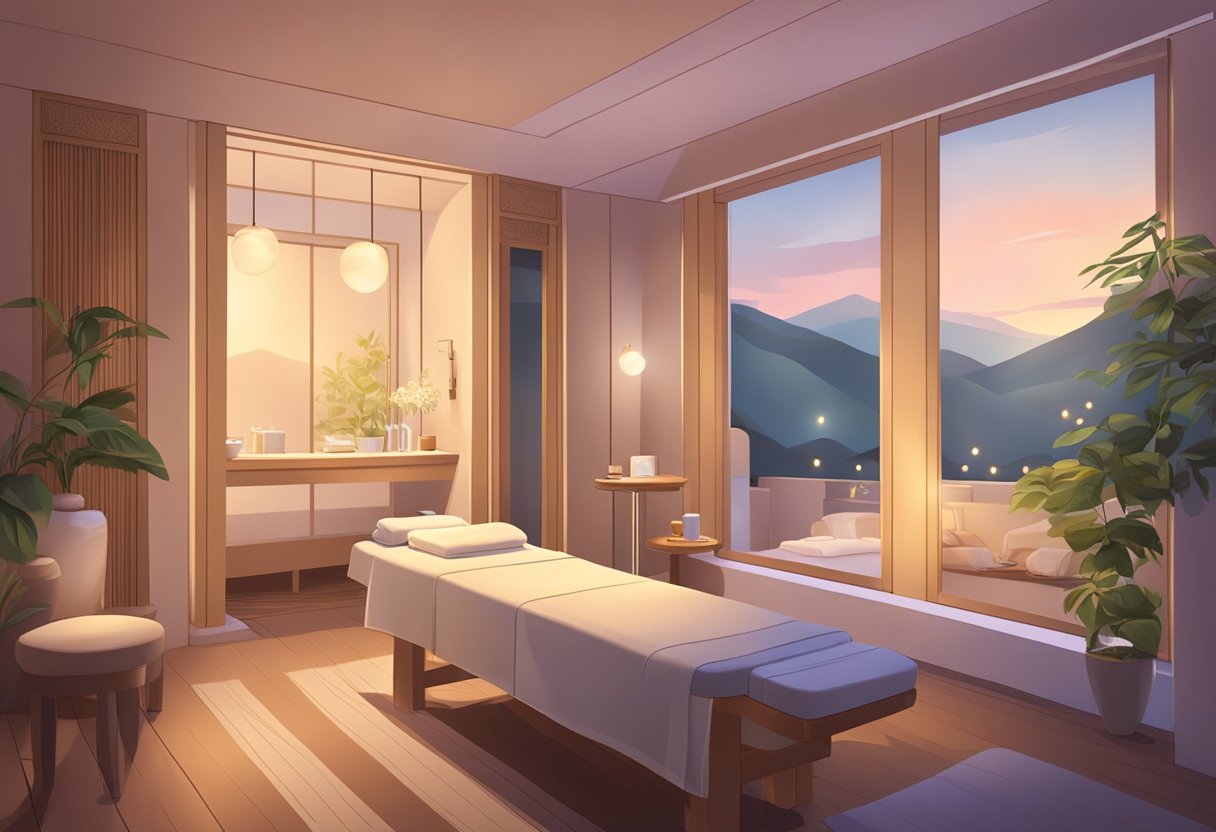 A serene spa room with soft lighting and calming music, featuring a professional facial treatment for acne