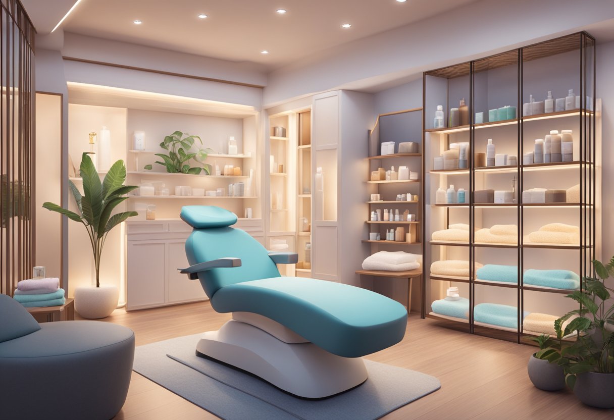 A serene spa room with soft lighting and soothing music, a comfortable facial chair, and shelves stocked with skincare products