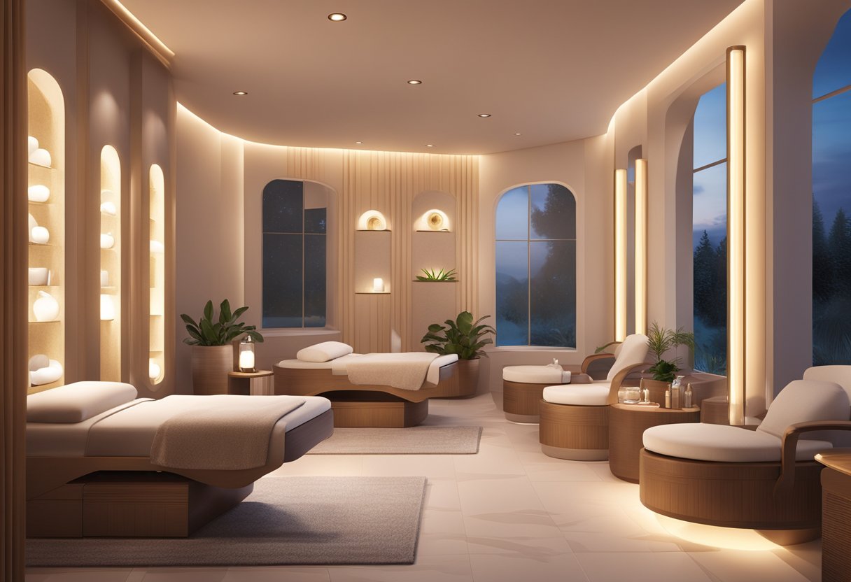 A serene spa room with soft lighting and calming music, featuring a luxurious facial treatment station with specialized products for acne-prone skin