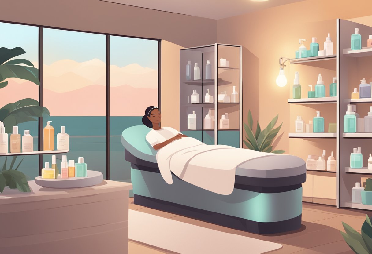 A serene spa room with soft lighting, a comfortable facial bed, and shelves of skincare products. A professional esthetician is performing a facial treatment for acne using gentle, soothing techniques