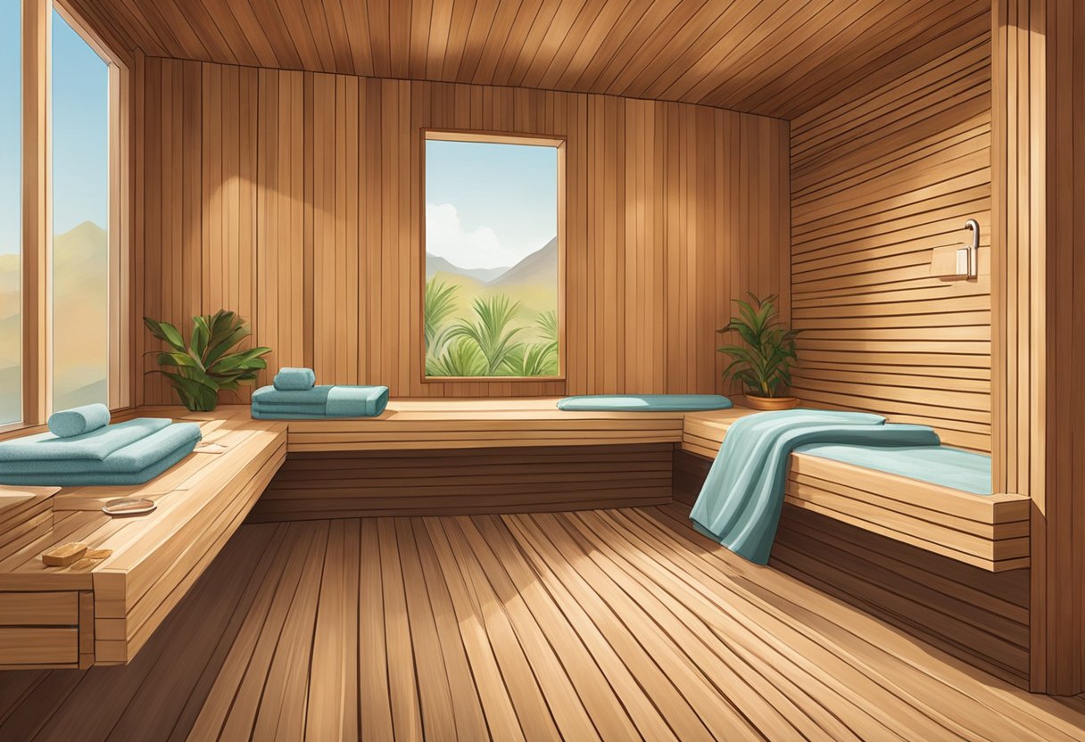 A serene sauna room with wooden walls and a cozy wrap station at Orissa SPA in Chula Vista