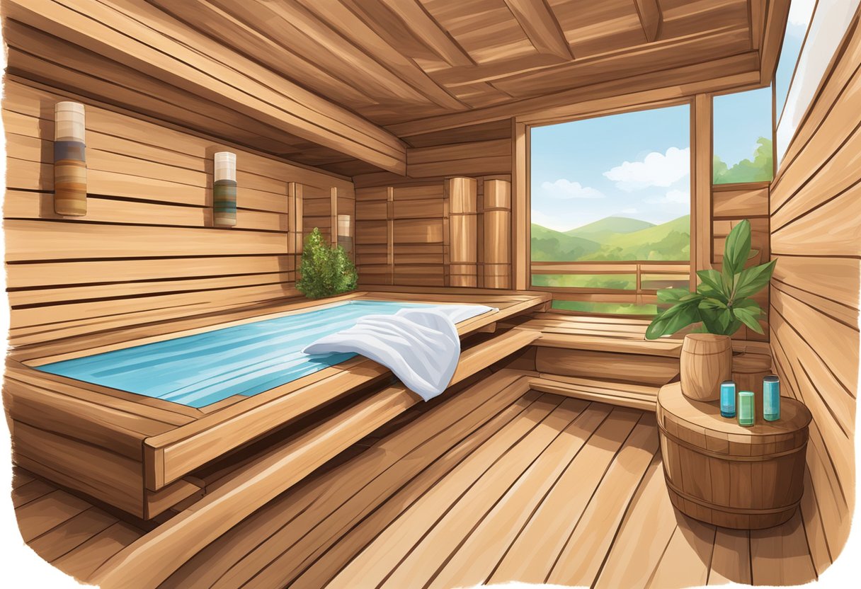 A wooden sauna wrap setup with essential oils and towels at Orissa SPA