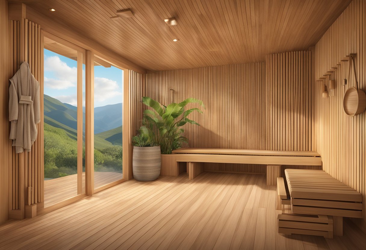 A serene sauna room with eco-friendly materials, a maderoterapia set, and sustainable spa products at Orissa SPA in Chula Vista