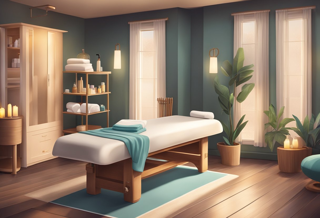 A serene spa room with soft lighting, a comfortable massage table, and a professional waxing station set up with all the necessary tools and products