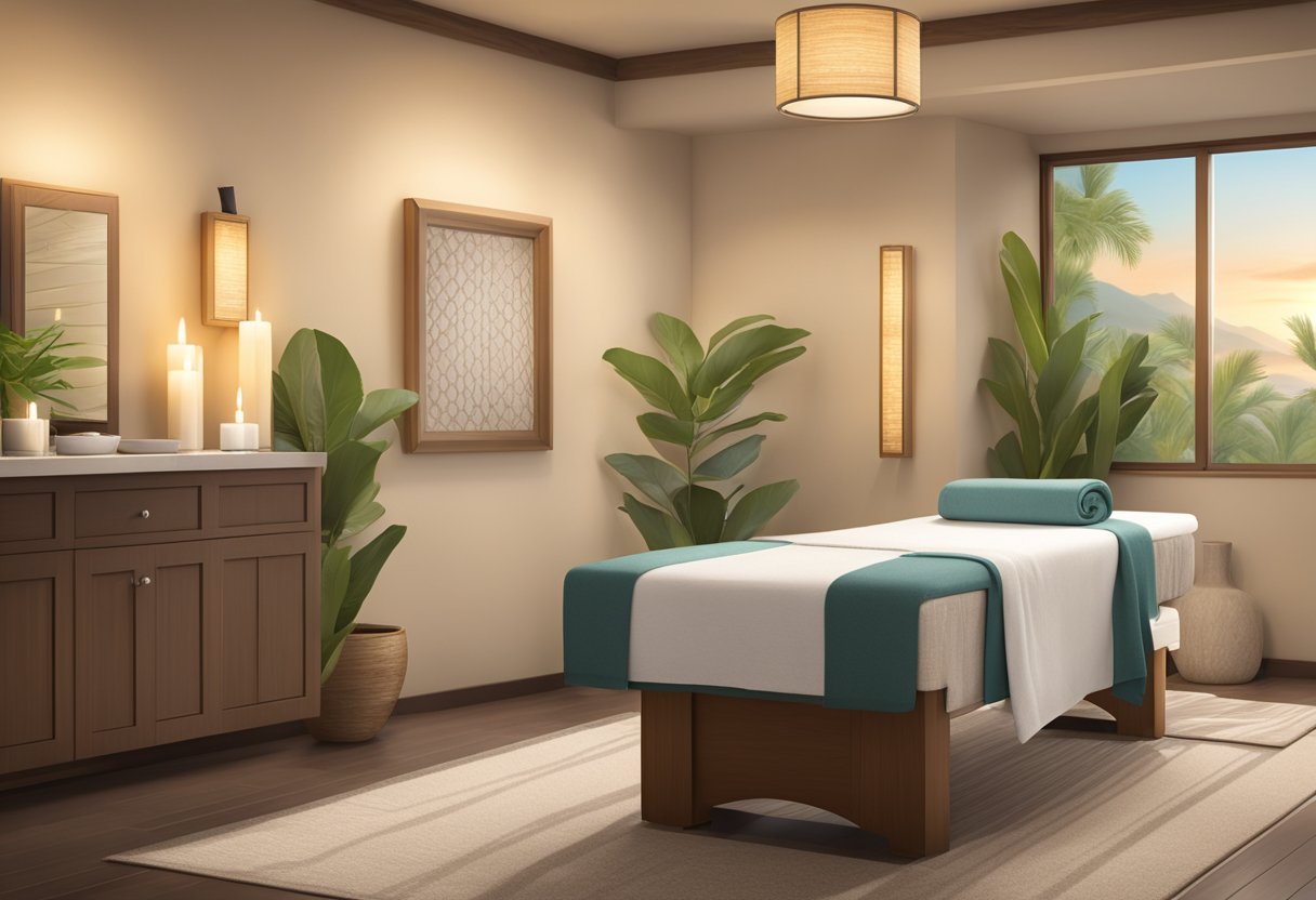 A serene spa room with soft lighting and calming music, featuring a comfortable waxing station with high-quality products at Orissa SPA in Chula Vista