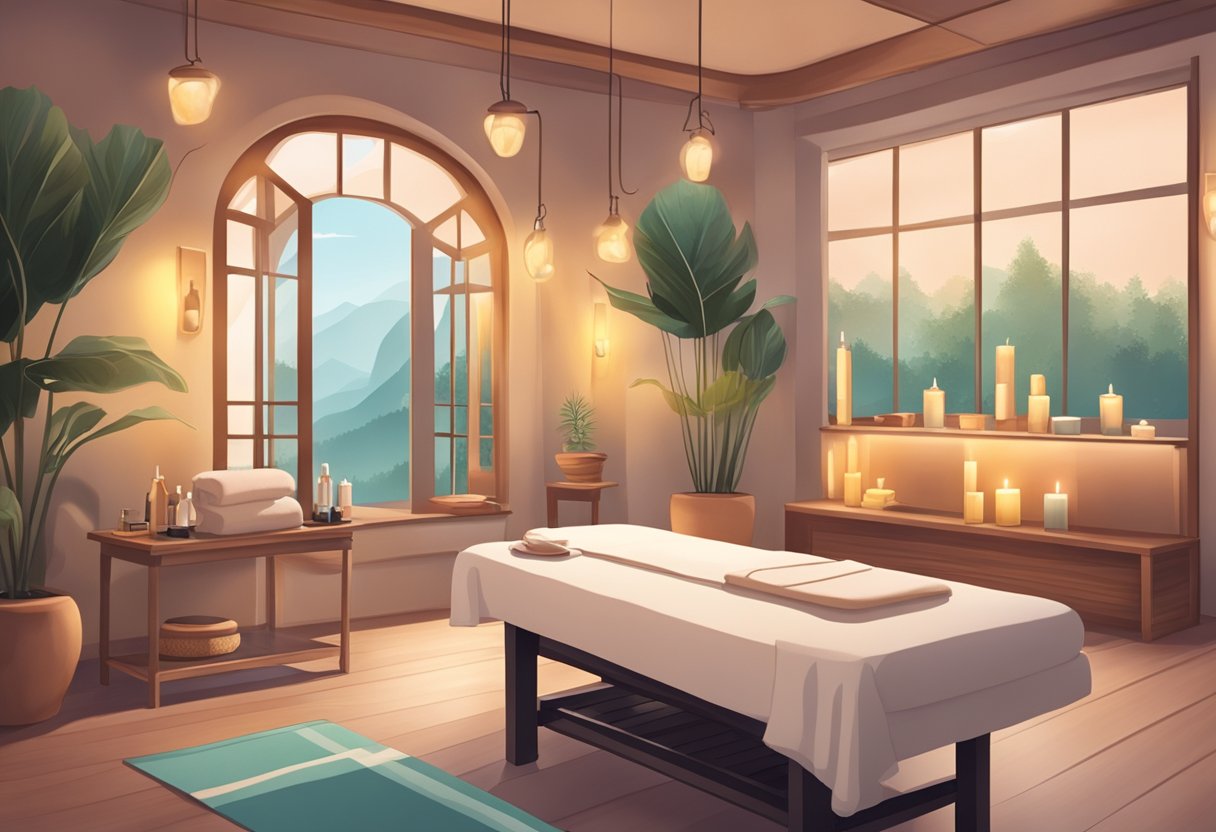 A serene spa room with soft lighting, a comfortable waxing bed, and soothing music playing in the background. A table is set up with all the necessary waxing supplies neatly organized