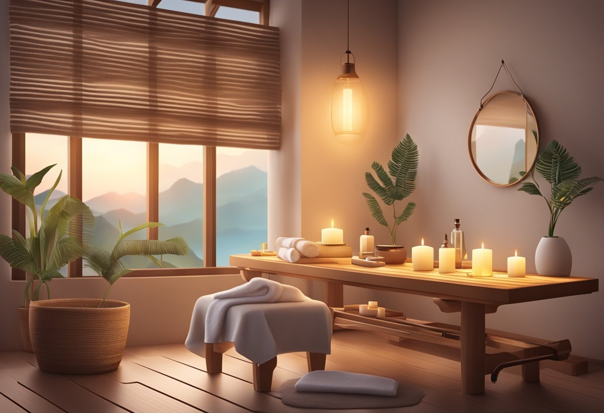 A table with various waxing materials and tools. A cozy and inviting spa environment with soft lighting and soothing music