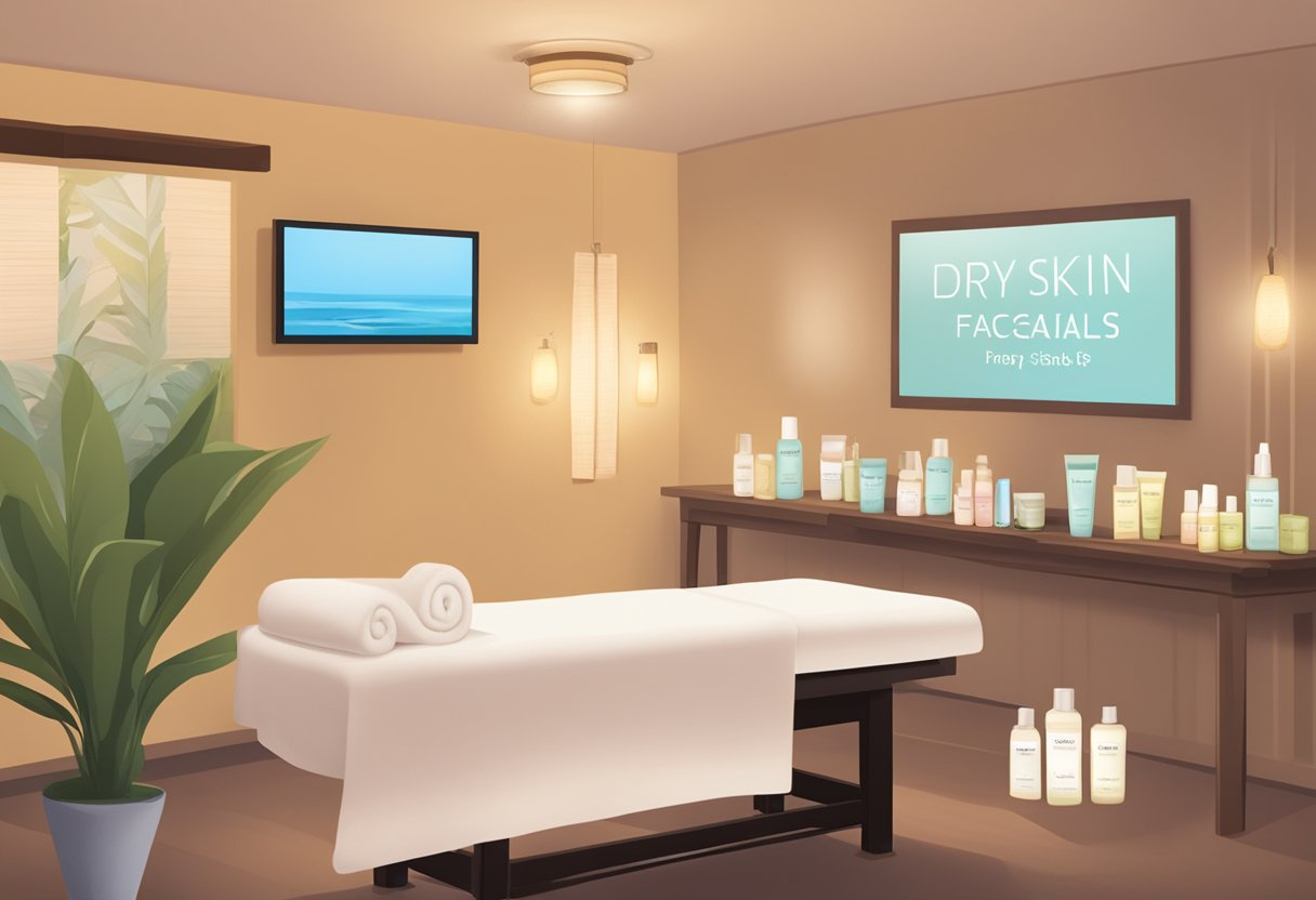 A serene spa room with soft lighting and a cozy treatment bed. A table displays various skincare products. A sign reads "Dry Skin Facials" at Orissa SPA in Chula Vista