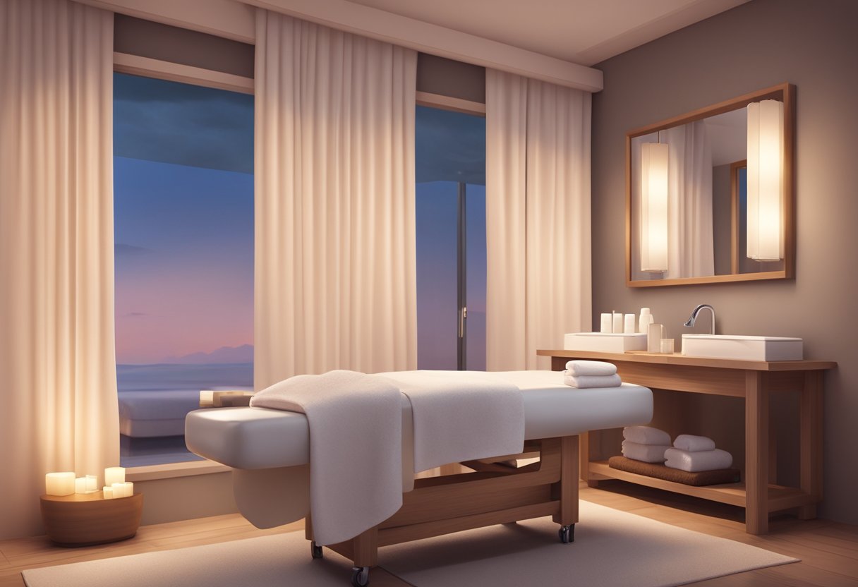 A serene spa room with soft lighting and a comfortable facial chair. A table with skincare products and towels. A soothing atmosphere for a dry skin facial