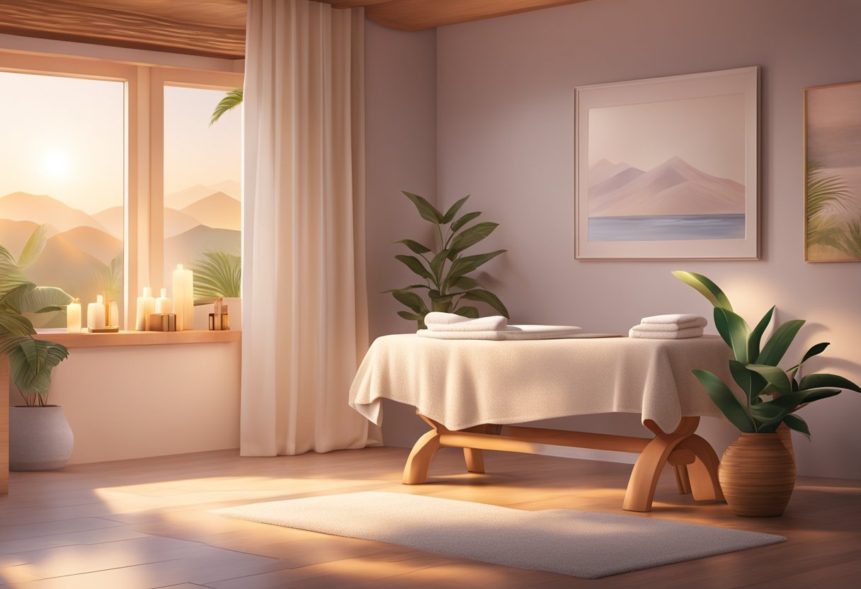 A serene spa room with soft lighting and soothing music, featuring a table with skincare products and a comfortable chair for a facial treatment