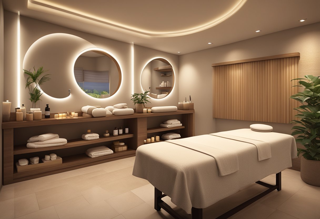 A serene spa room with soft lighting, a comfortable facial bed, and shelves of skincare products. A soothing atmosphere for dry skin facials at Orissa Spa in Chula Vista