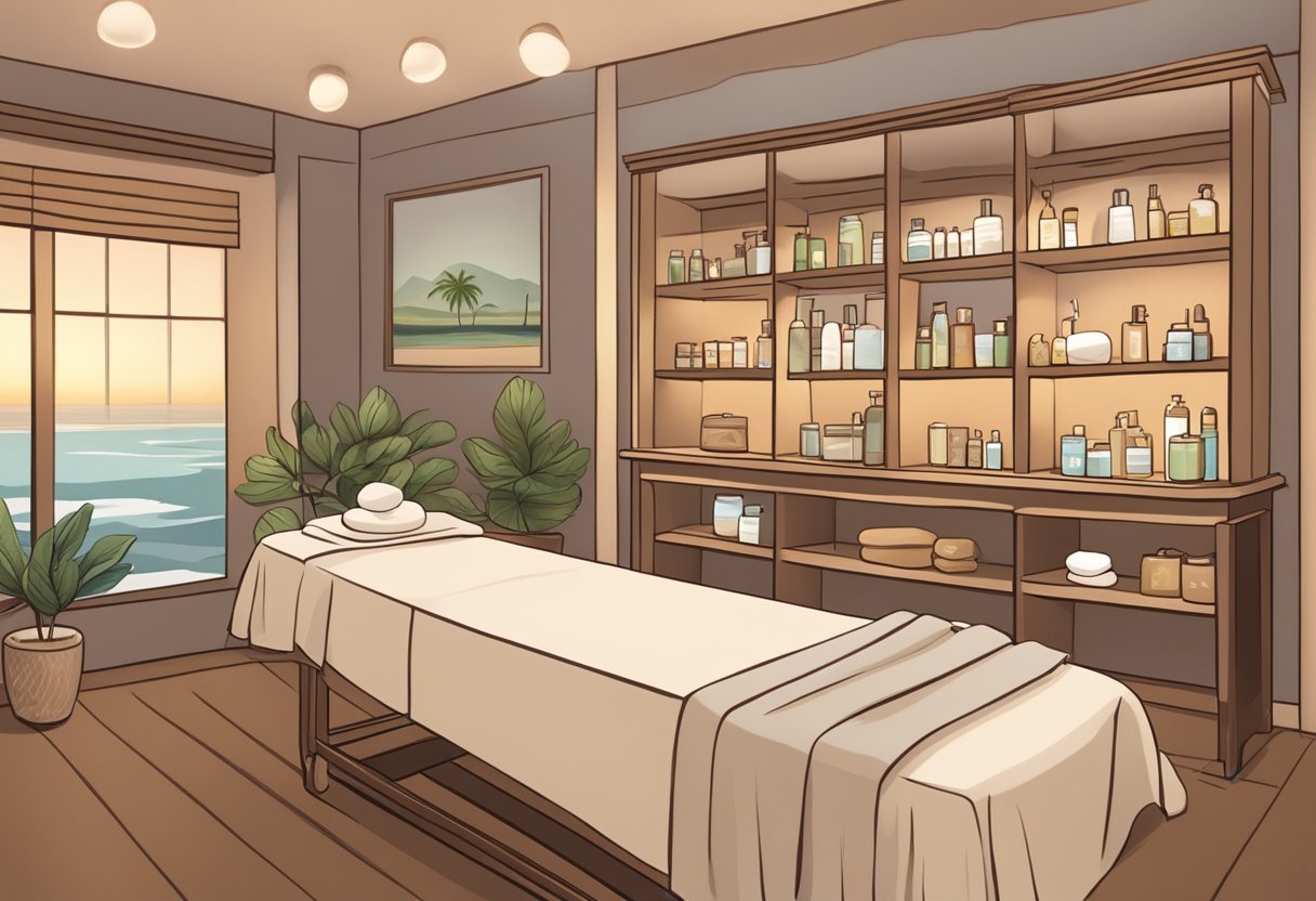 A serene spa room with soft lighting and a cozy treatment bed. A shelf displays various skincare products. A sign reads "Frequently Asked Questions Facials for Dry Skin in Chula Vista: Orissa SPA."