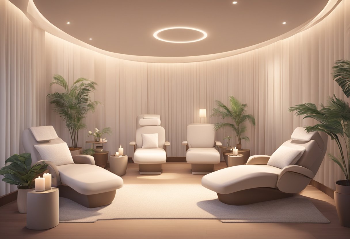 A serene spa room with soft lighting, plush chairs, and calming music. Aesthetician performing anti-aging facial using gentle products and specialized techniques