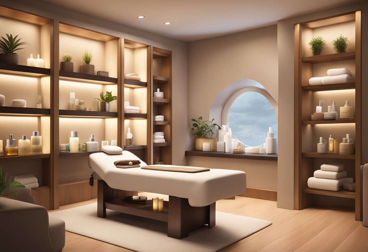 A serene spa room with soft lighting, a cozy facial bed, and shelves of luxurious skincare products. A serene, tranquil atmosphere for anti-aging facials at Orissa SPA in Chula Vista