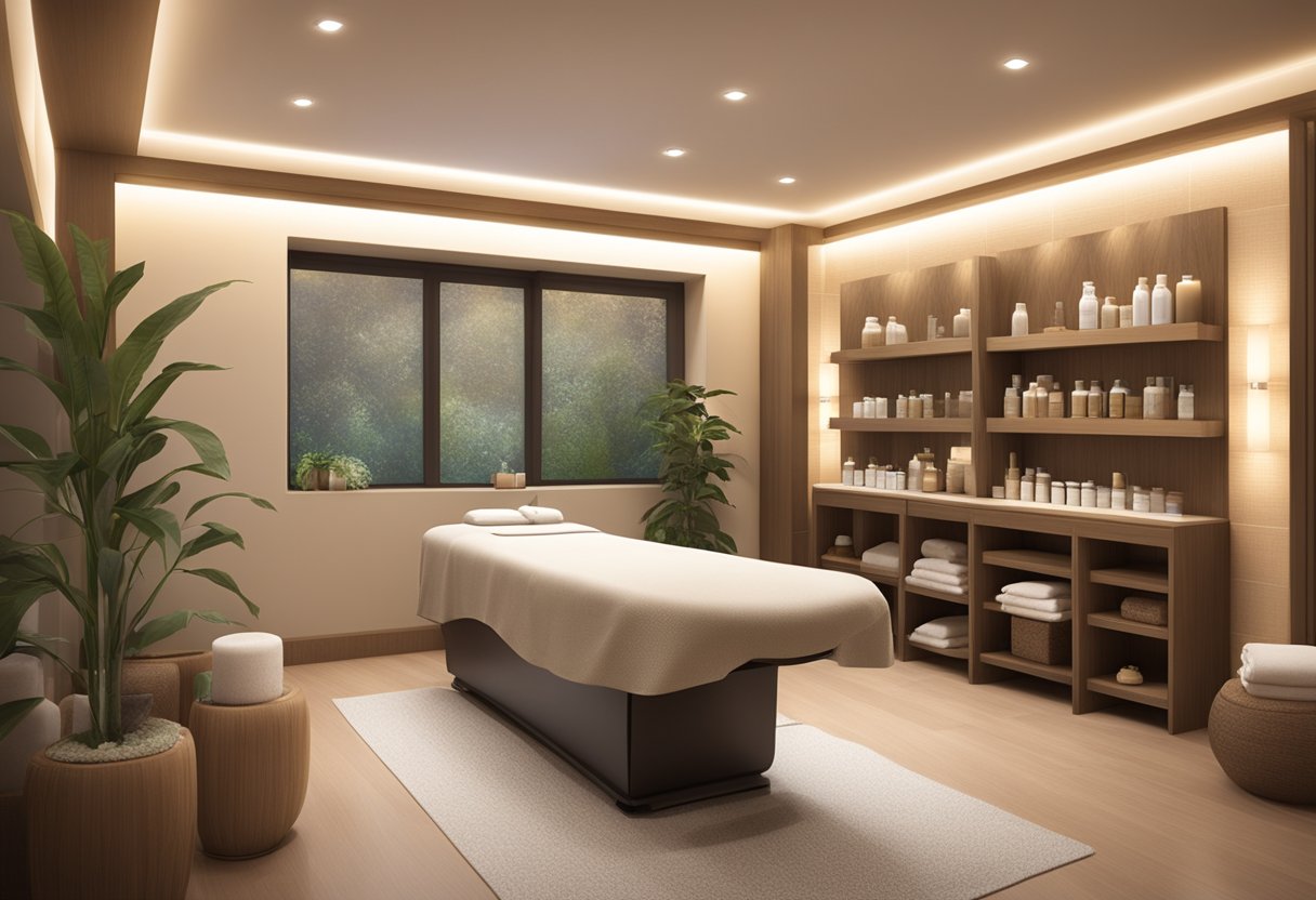 A serene spa room with soft lighting, a comfortable facial bed, and shelves lined with skincare products. A sign on the wall reads "Facials for Anti-Aging in Chula Vista: Orissa SPA."