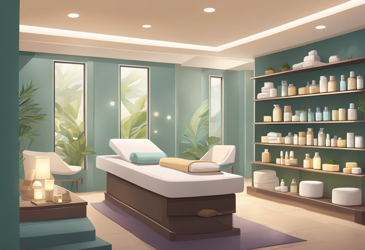 A serene spa room with soft lighting and a comfortable treatment bed, surrounded by shelves of skincare products and soothing decor