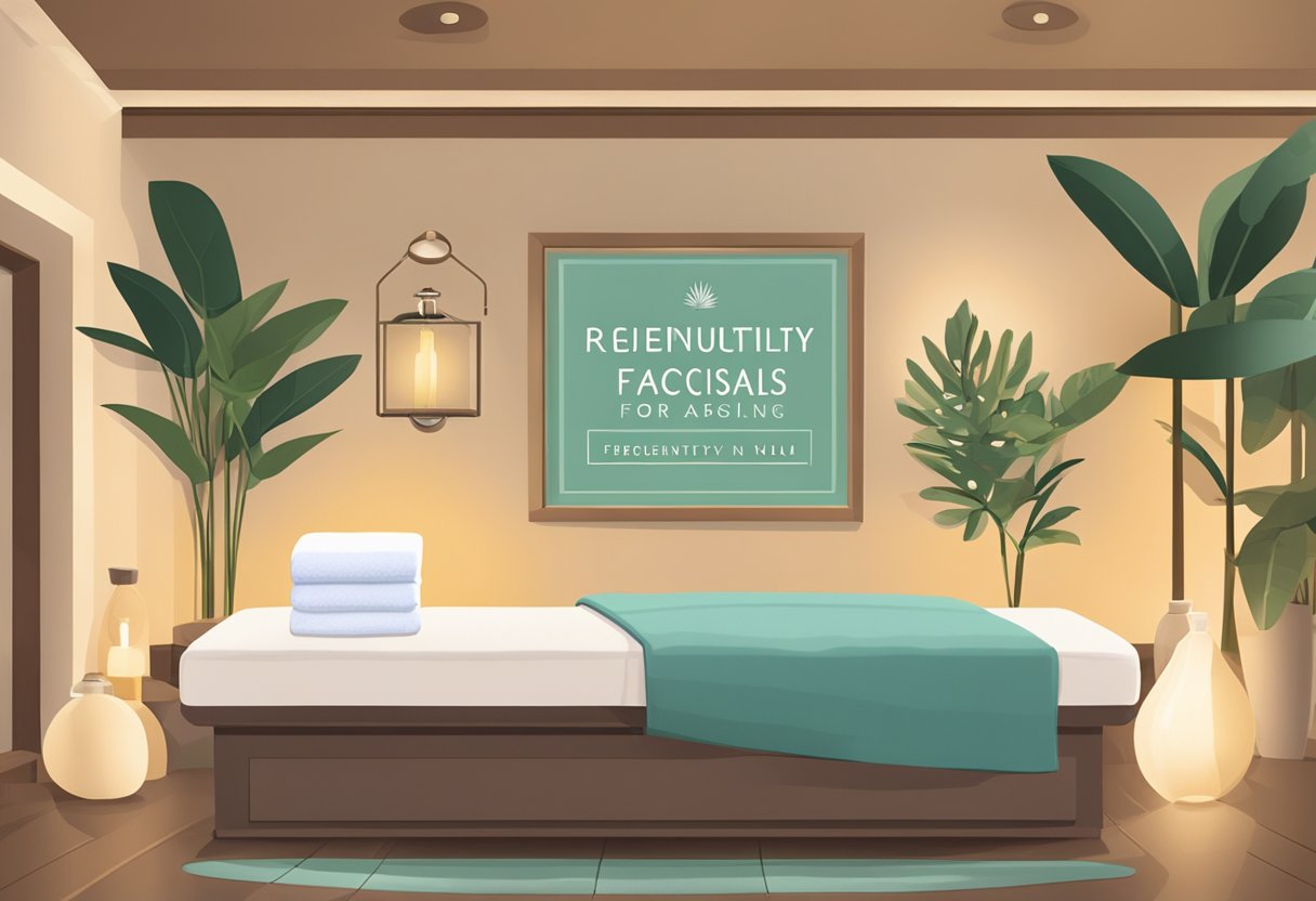 A serene spa room with soft lighting, plush towels, and a table set up for a facial treatment. A sign on the wall reads "Frequently Asked Questions Facials for Anti-Aging in Chula Vista: Orissa SPA."