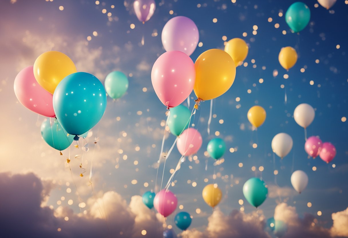 A radiant sky with twinkling stars and fluffy clouds, surrounded by colorful balloons and floating birthday messages
