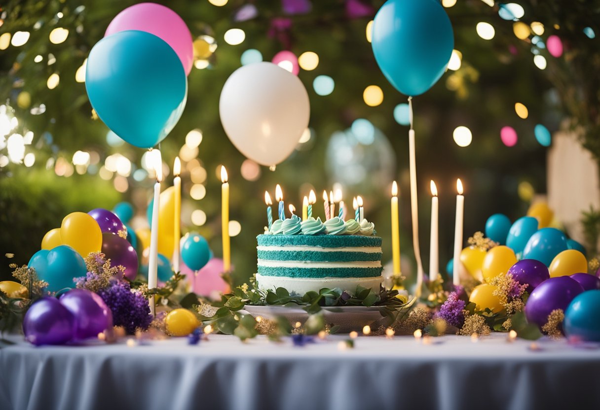 A radiant garden with colorful balloons, sparkling confetti, and a table adorned with heavenly birthday quotes and a cake with glowing candles