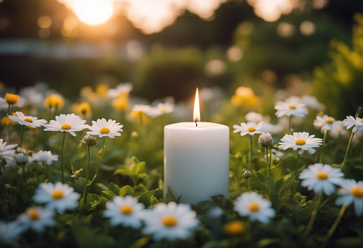 A serene garden with blooming flowers, a peaceful sunset, and a glowing candle, evoking a sense of tranquility and remembrance