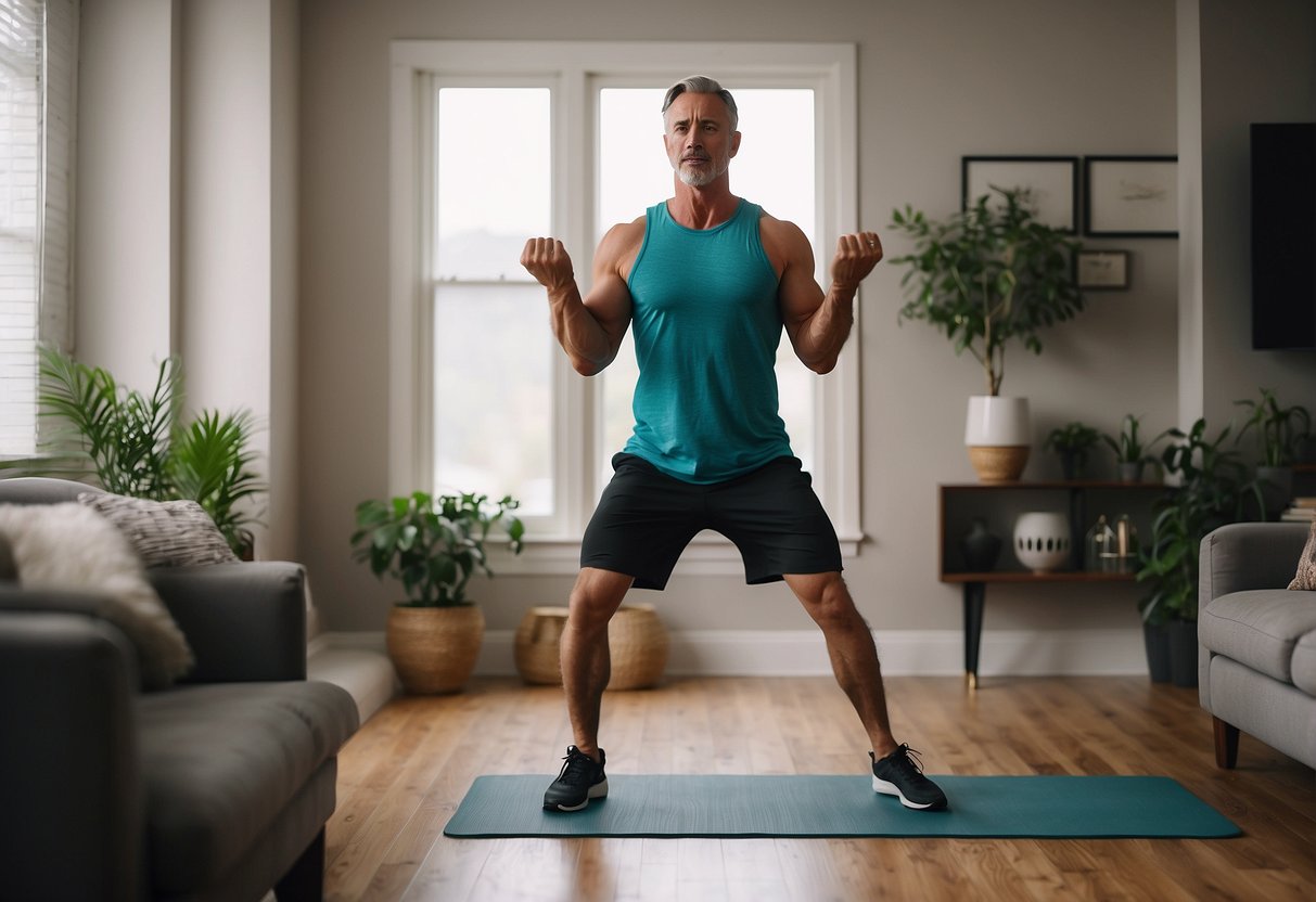 A man with diastasis recti performs safe exercises in a home setting, incorporating daily activities like walking, stretching, and light weightlifting