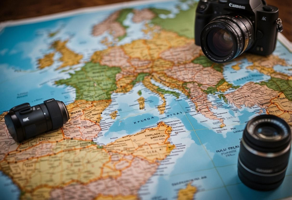 A map of Europe with a highlighted route from Brussels to Berlin, surrounded by travel guides, a passport, and a camera