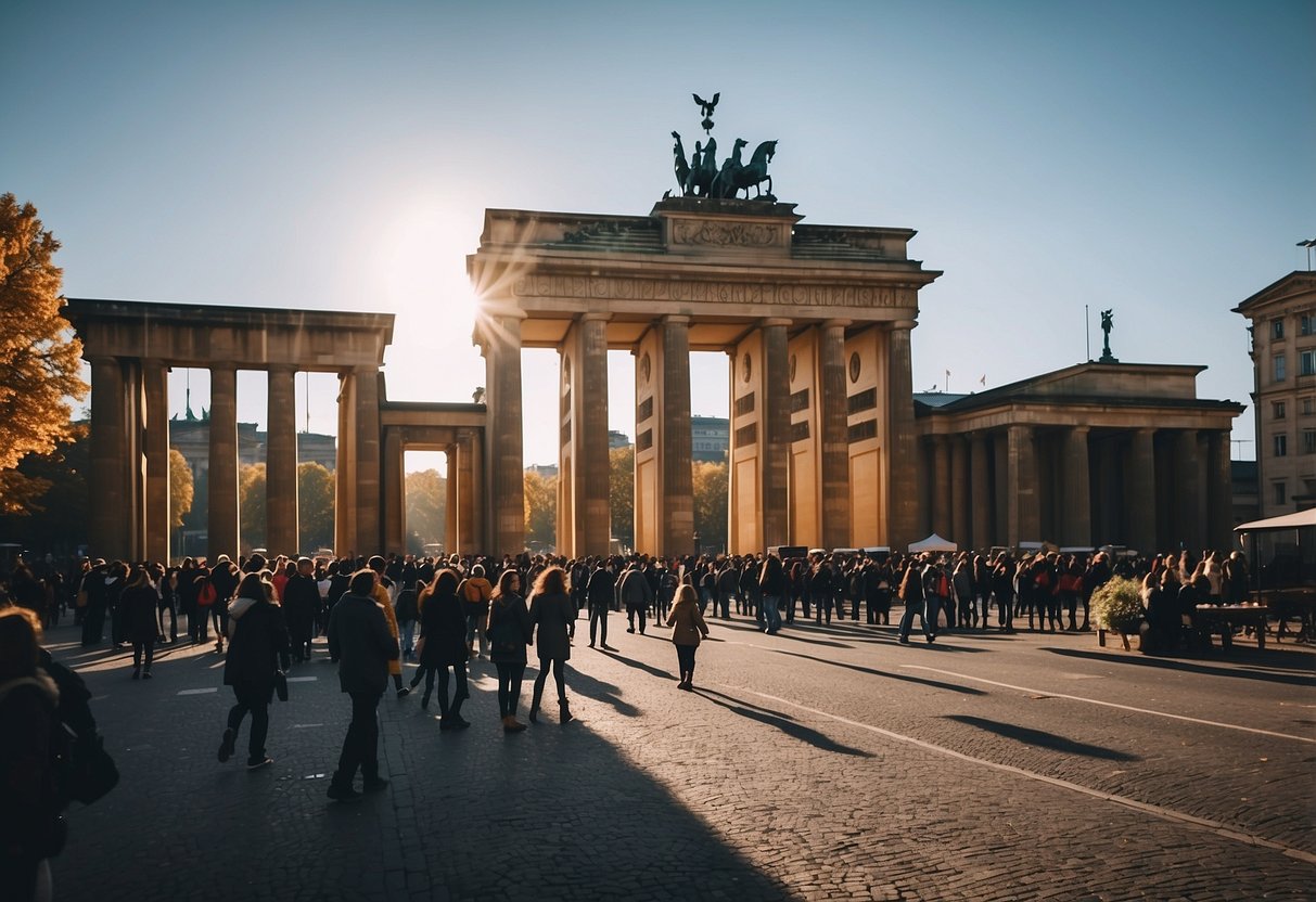 A bustling cityscape with iconic landmarks like the Brandenburg Gate and Berlin Wall. Vibrant street art and bustling outdoor markets add to the city's eclectic charm