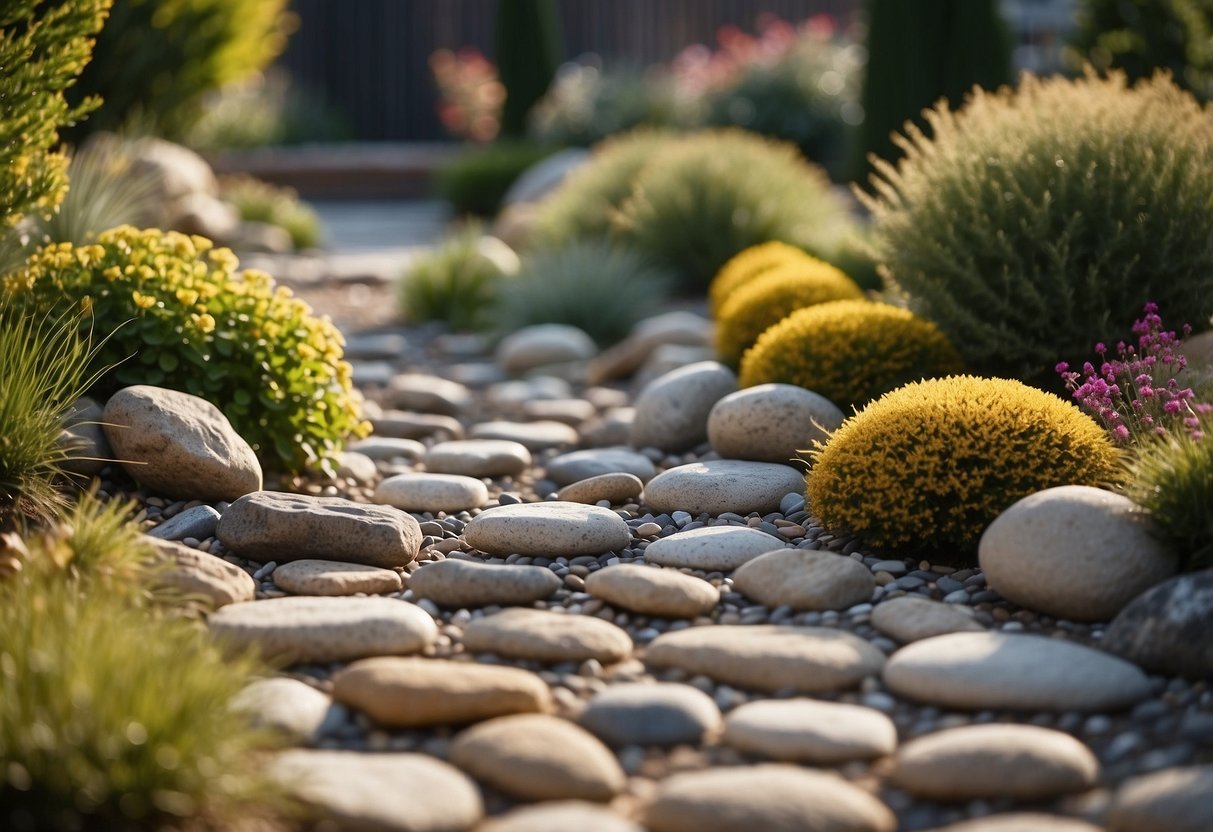 A backyard filled with various stone projects such as a stone pathway, a stone fire pit, and a stone garden bed border