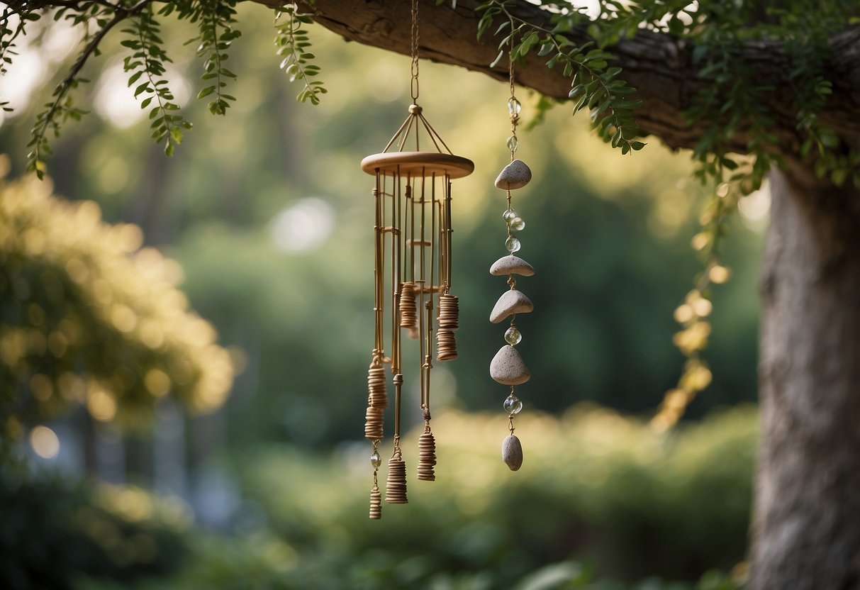 A serene garden with stone wind chimes hanging from a tree branch, creating a soothing melody as they sway in the gentle breeze