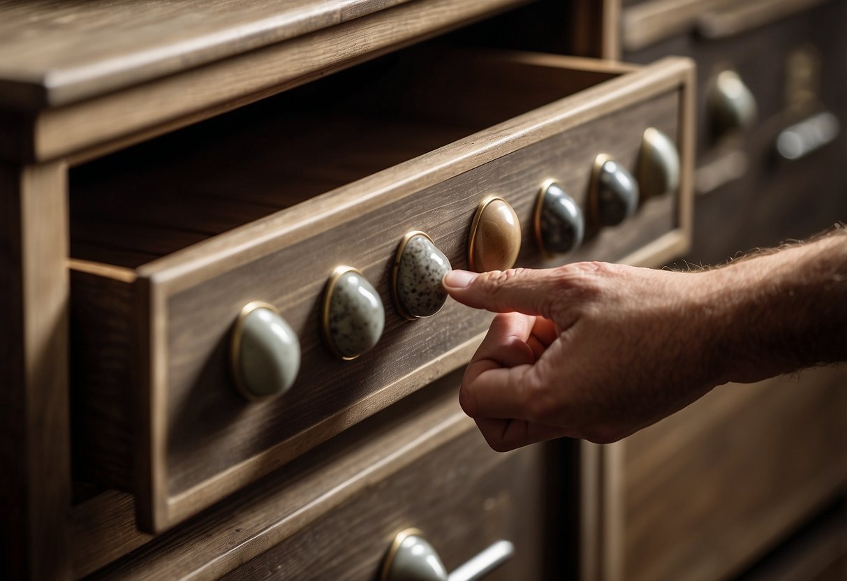 A hand reaches to open a drawer with stone drawer pulls. The pulls are made from various types of smooth, polished stones, adding a natural and rustic touch to the furniture