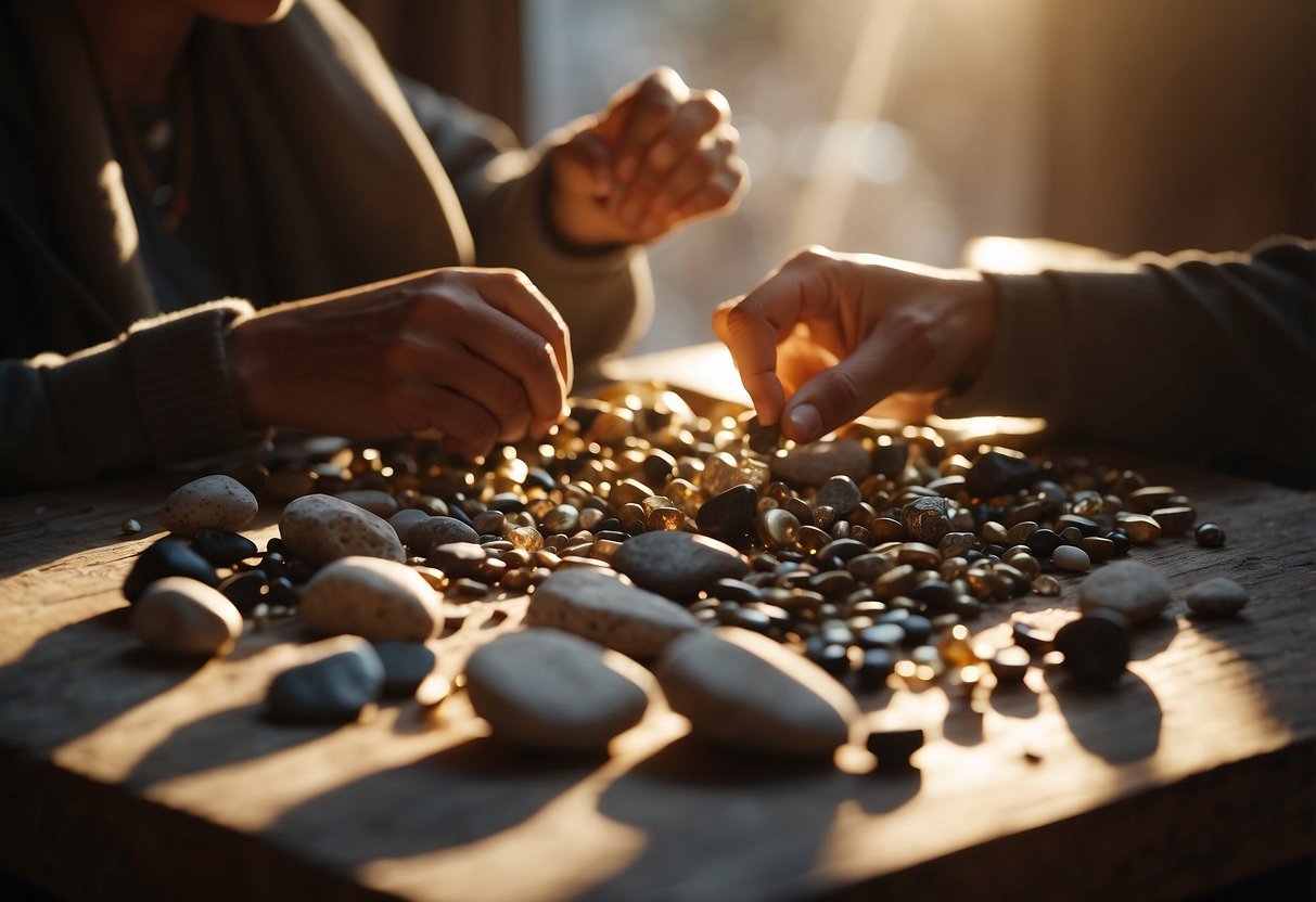 A table scattered with various stones, tools, and jewelry pieces. A pair of hands meticulously crafting a stone pendant. Sunlight streaming in through a nearby window, casting a warm glow on the scene