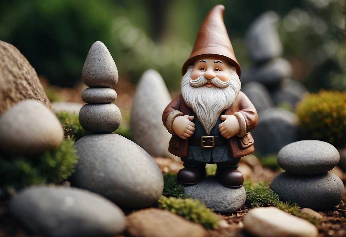 A stone garden gnome stands among DIY stone projects, surrounded by various stone sculptures and structures