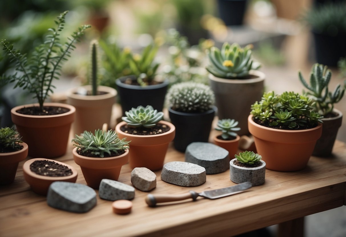 A table with various sizes and shapes of stone plant markers, surrounded by gardening tools and potted plants