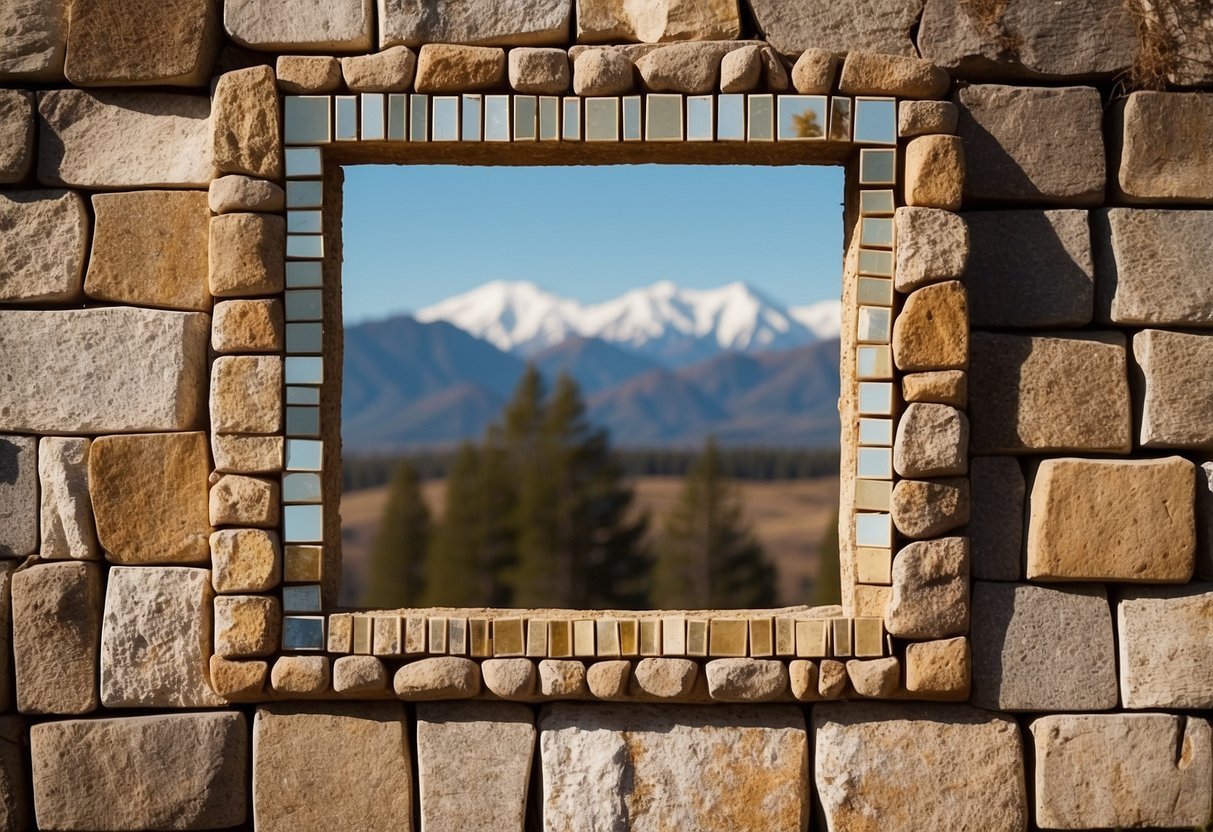 A stone mosaic mirror hangs on a weathered wooden wall, reflecting the warm sunlight filtering through a window