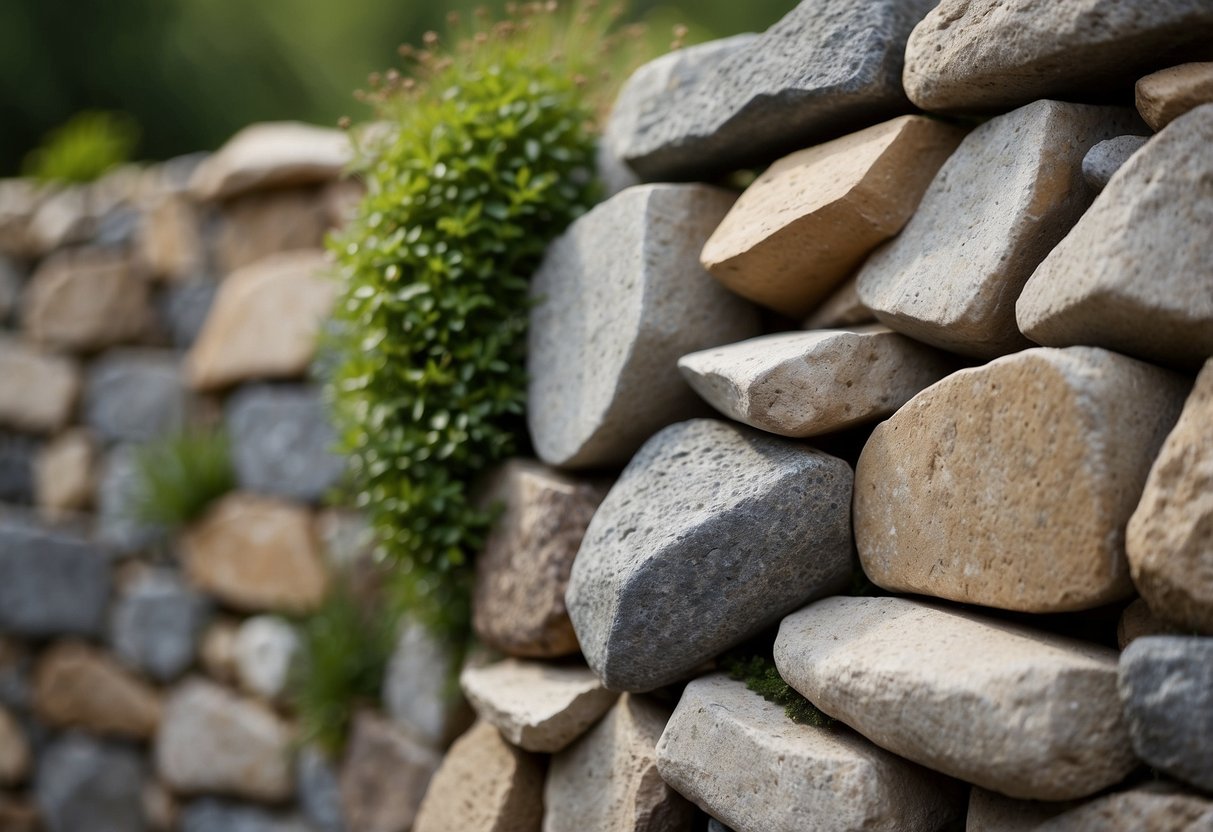 A stone wall with various DIY stone projects displayed, including sculptures, planters, and decorative pieces