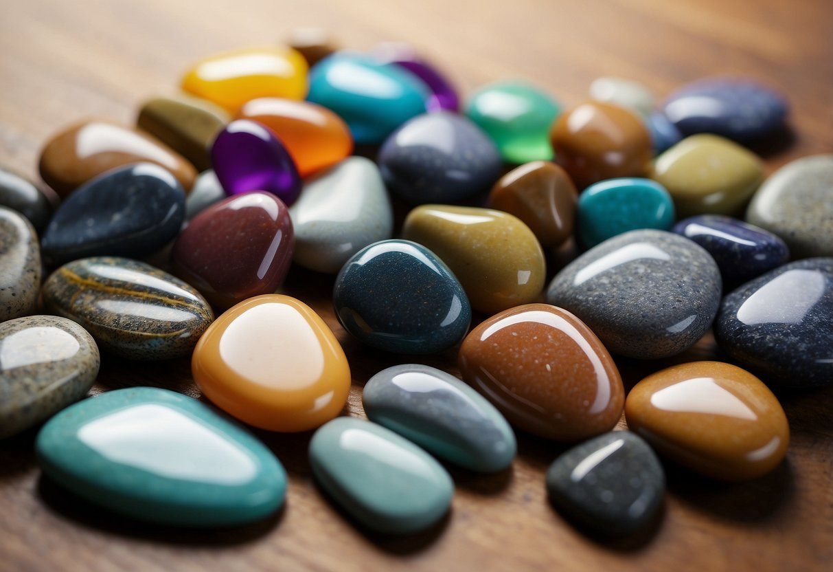 A collection of smooth, colorful stones arranged on a wooden table, with a variety of sizes and shapes. Some are painted or decorated, while others are left in their natural state