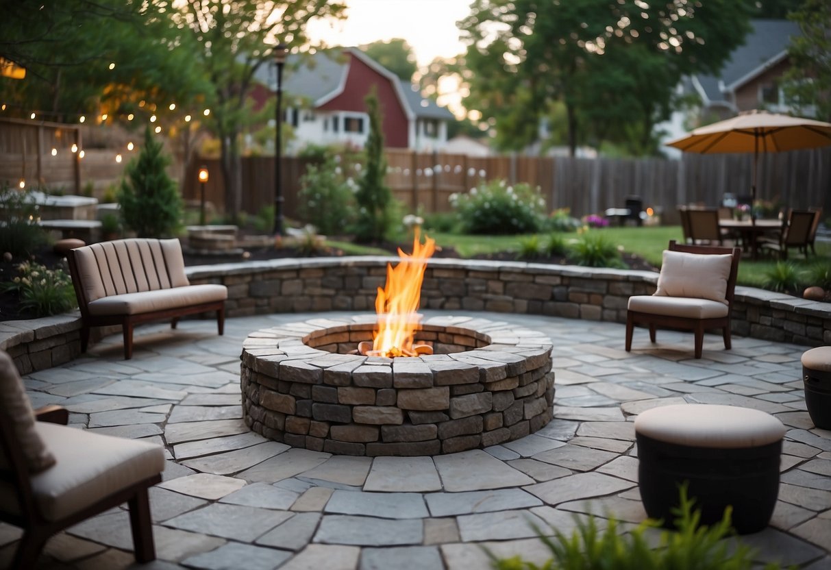 A backyard patio with a DIY stone fire pit, surrounded by stone benches and a stone walkway leading to a DIY stone fountain