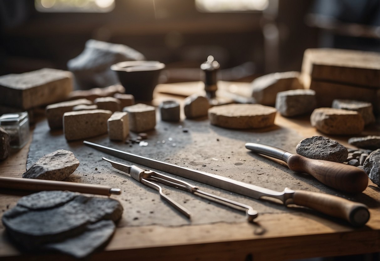 A workbench with various stone-cutting tools, a pile of stones, and a set of project plans laid out for reference